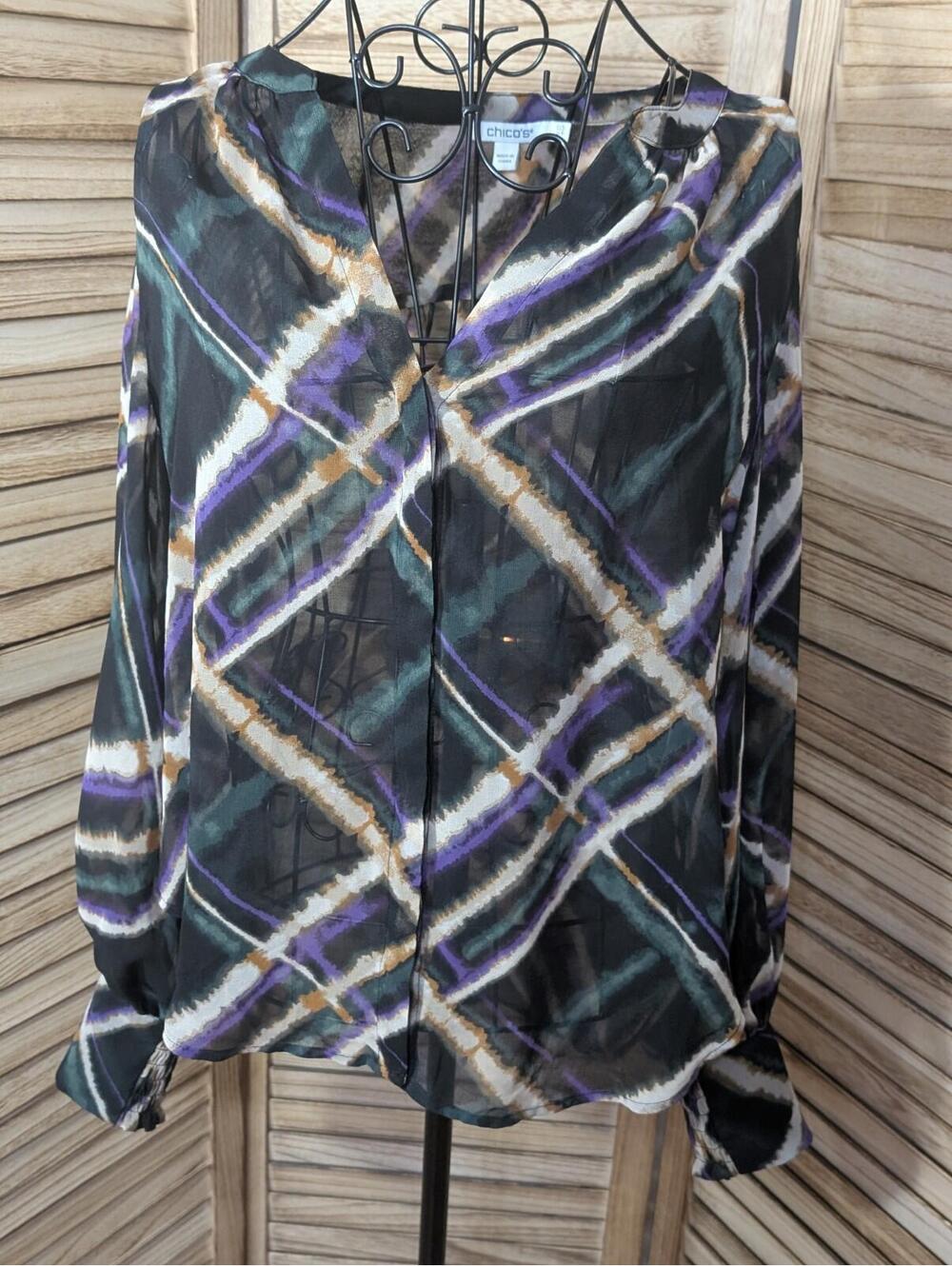 Chico's sweater pullover womens US 6 green black check Original $98